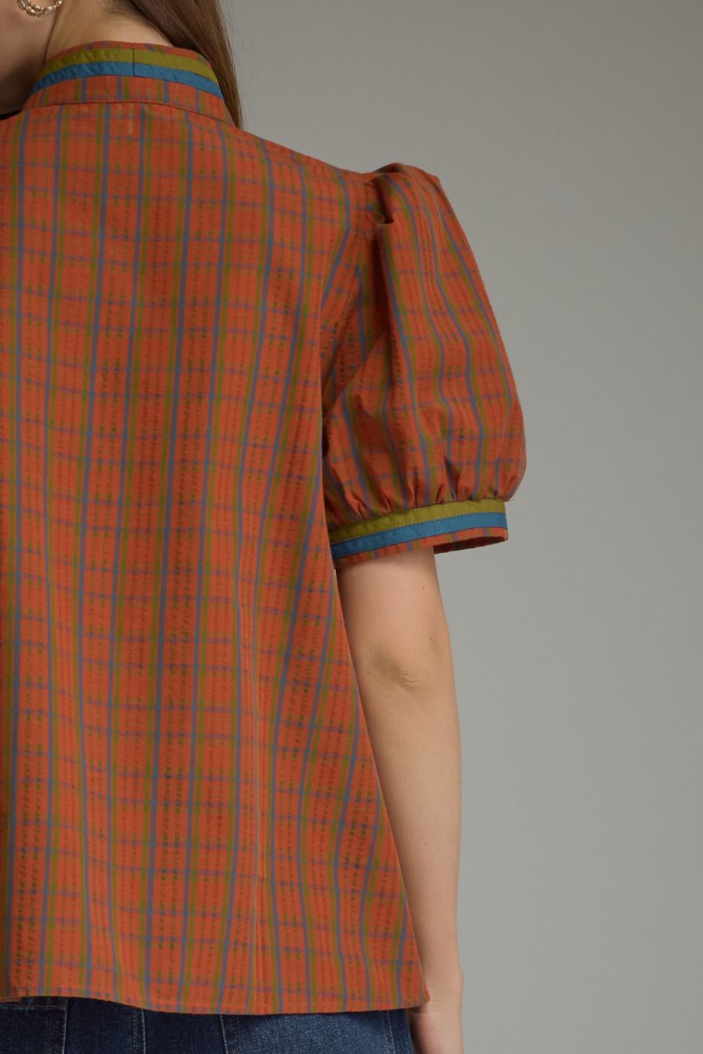 Plaid Puff Sleeve Top - Burnt Orange