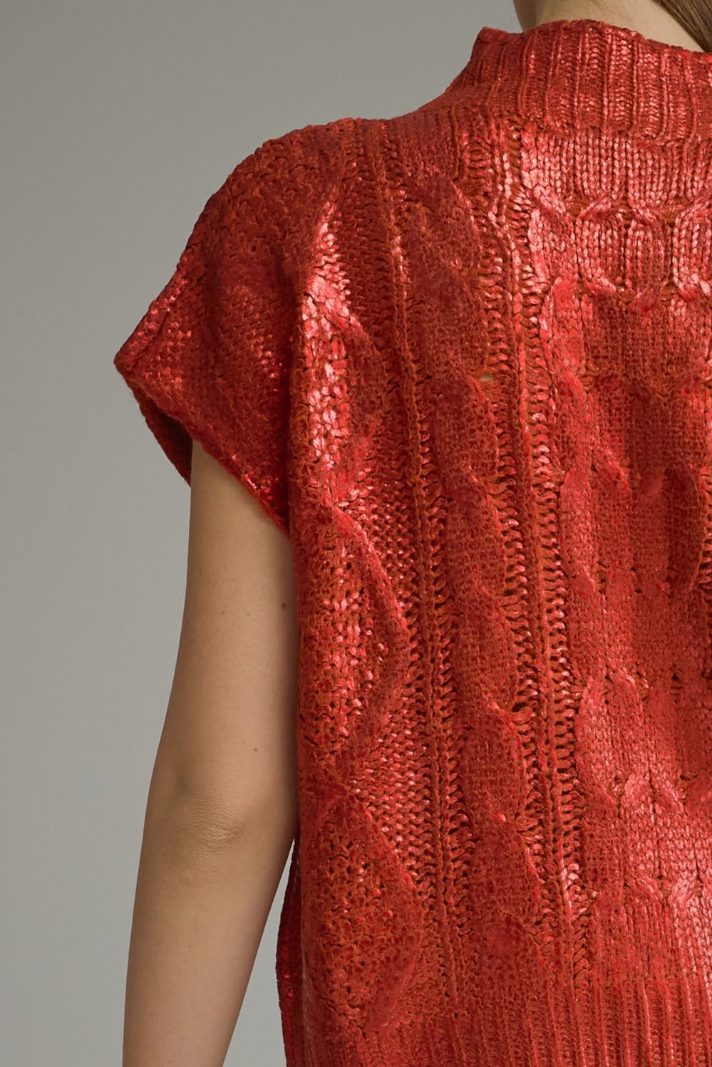 Metallic Cap Sleeve Knit Top - Red