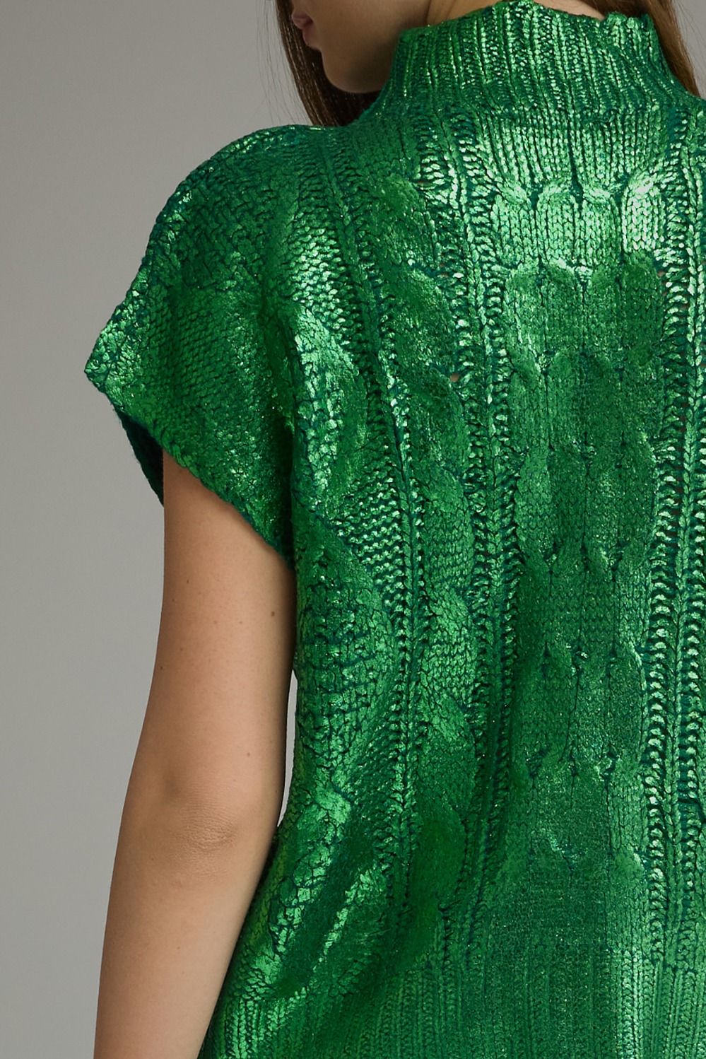 Metallic Cap Sleeve Knit Top - Green