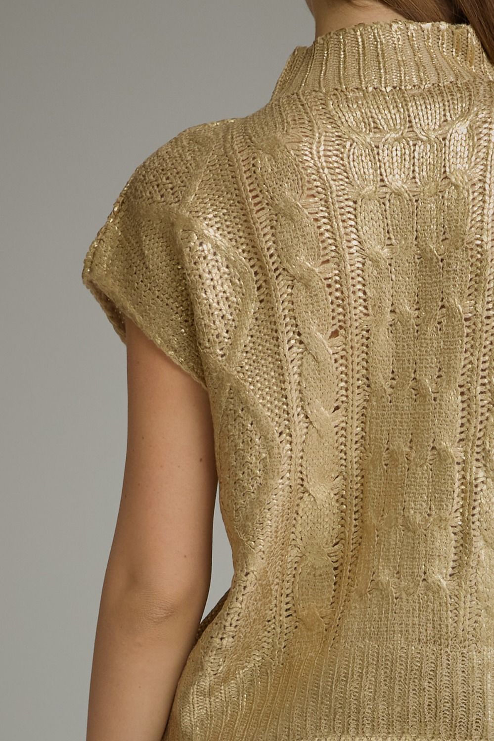 Metallic Cap Sleeve Knit Top - Gold