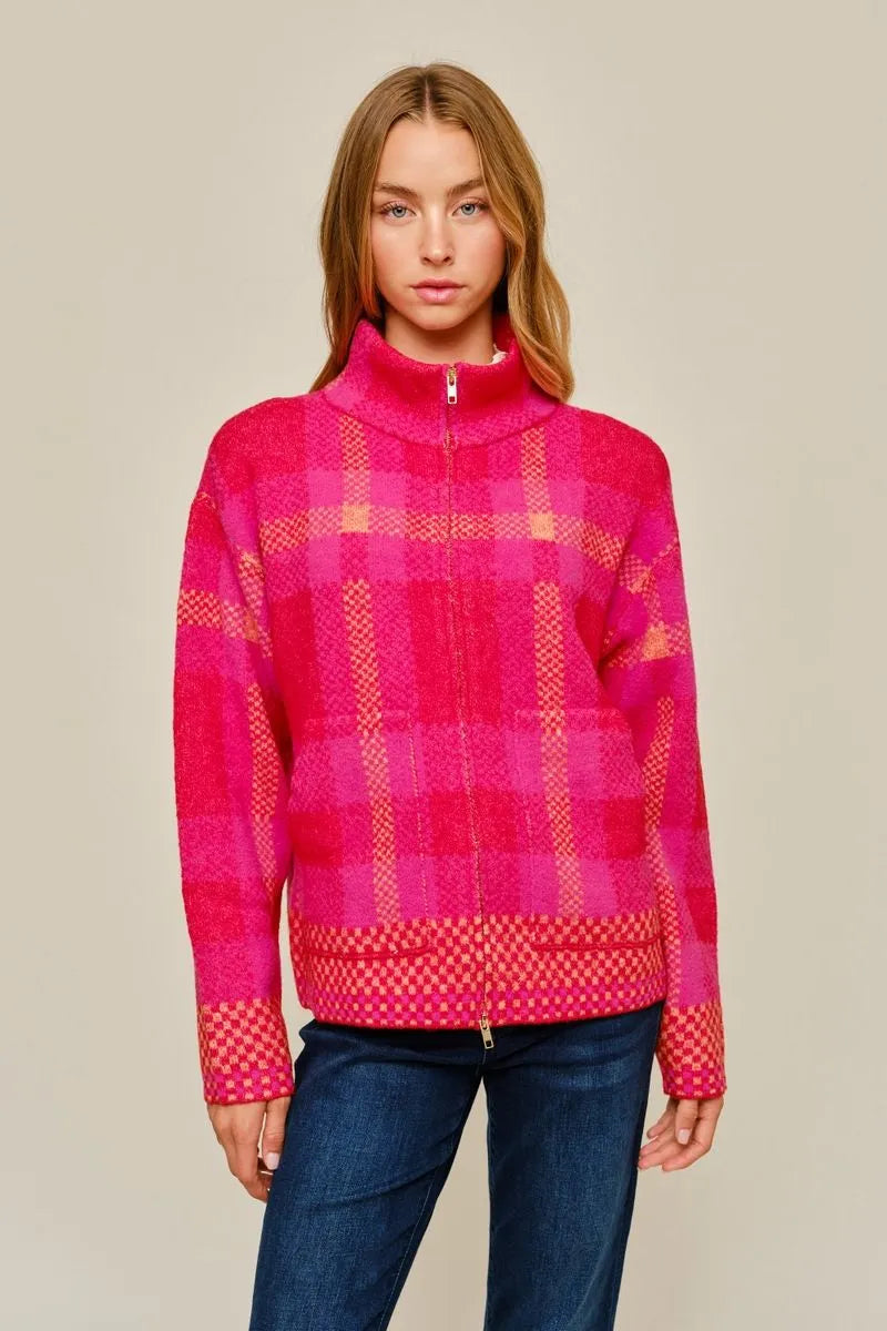 Plaid Zip Up Cardigan - Red