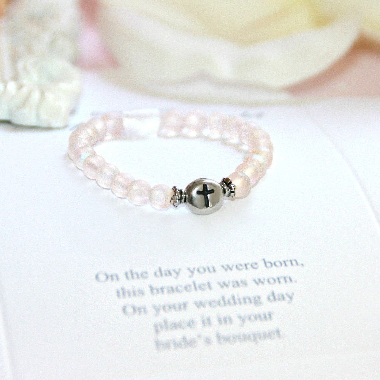 Light Pink Bead Cross Bracelet
