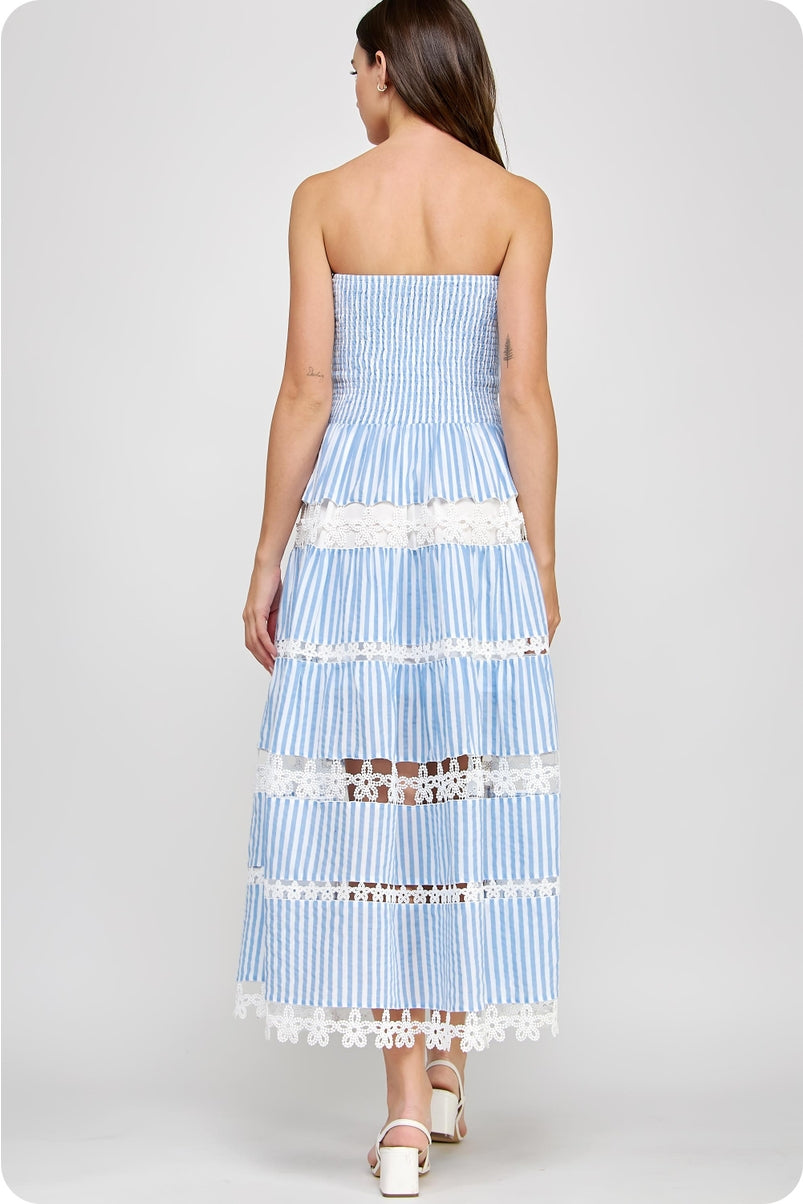 Blue Striped Floral Lace Maxi Dress