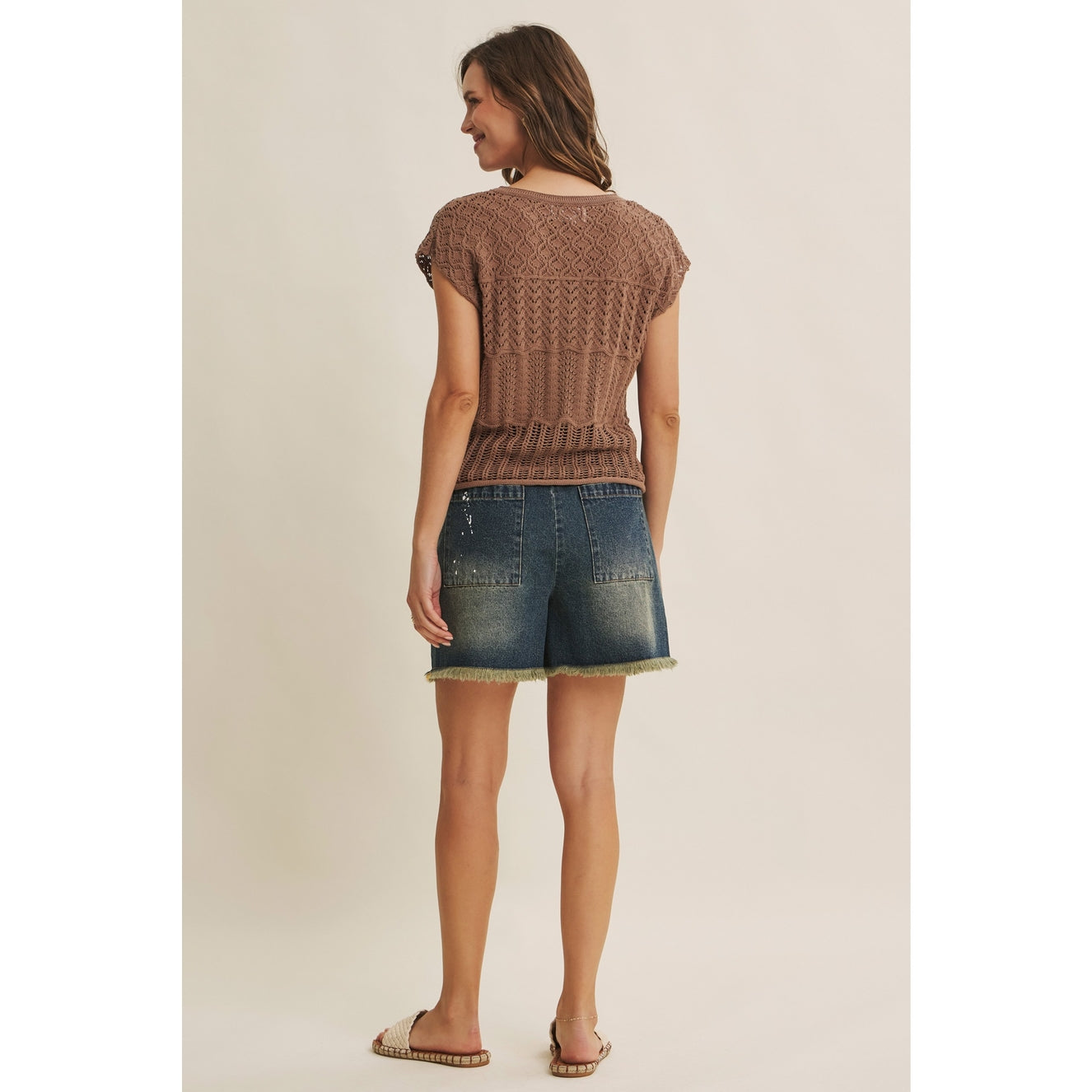 Mocha Knit Pointelle Crochet Sweater