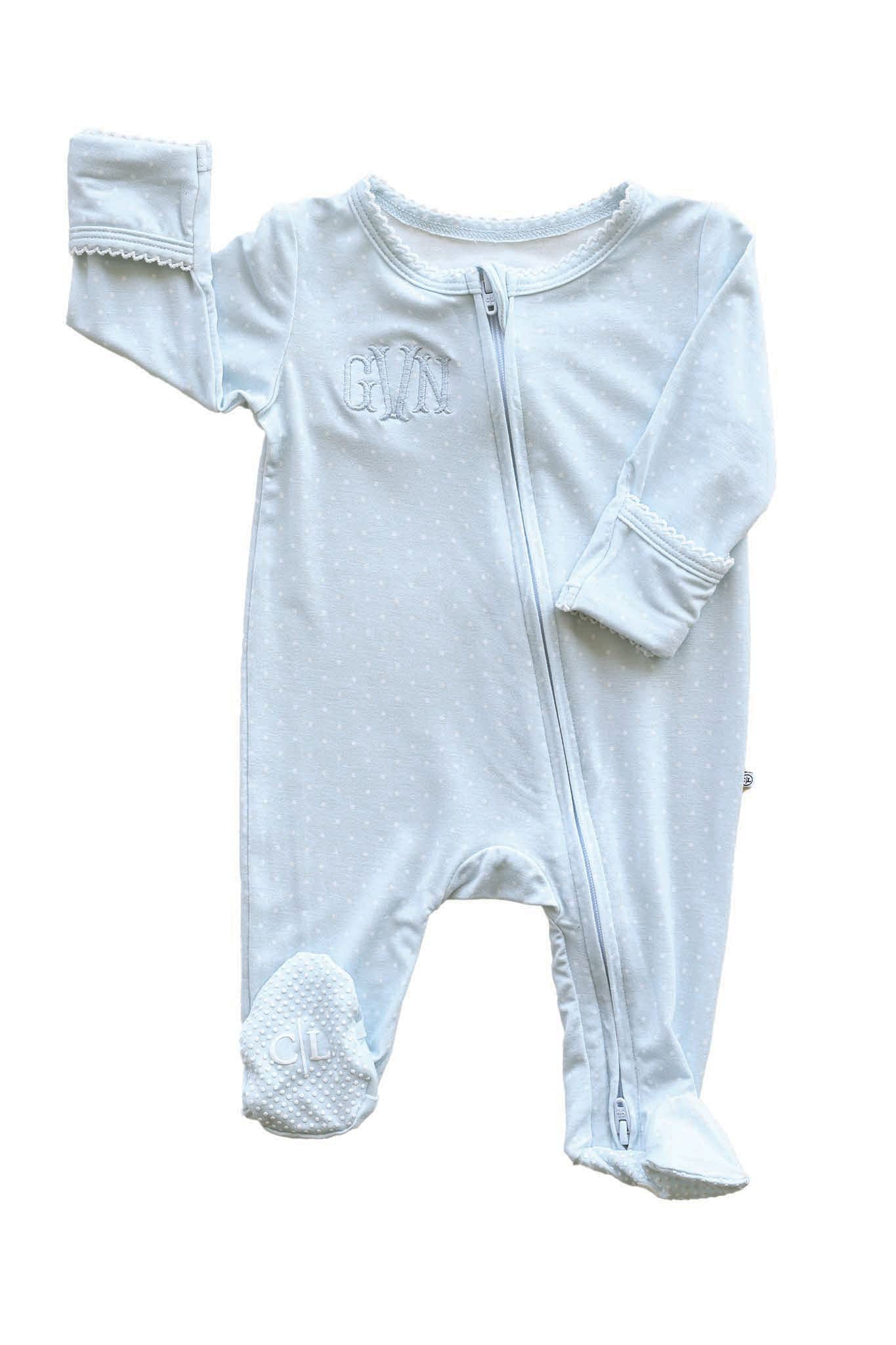 Blue Dot Picot Trim Zipper Footie