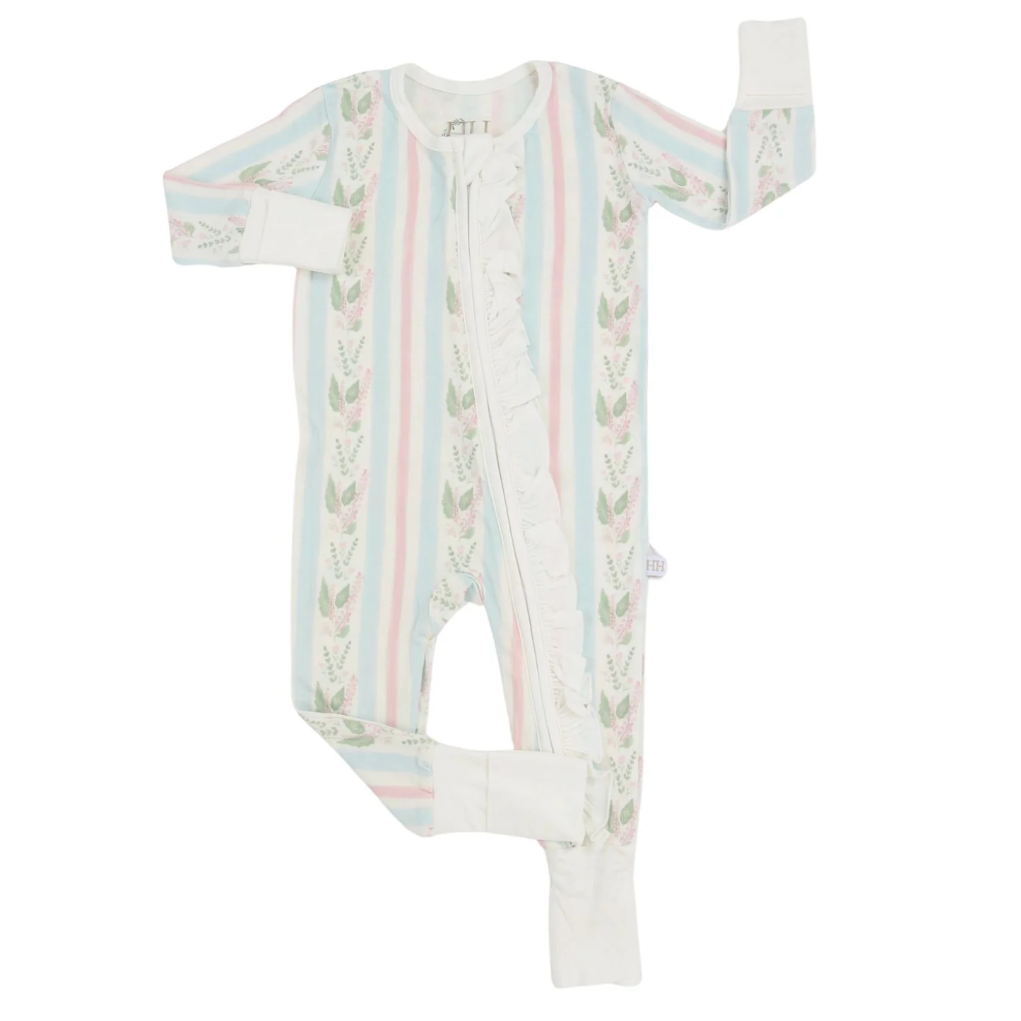 Blue Floral Stripes Ruffle Double Zipper Romper