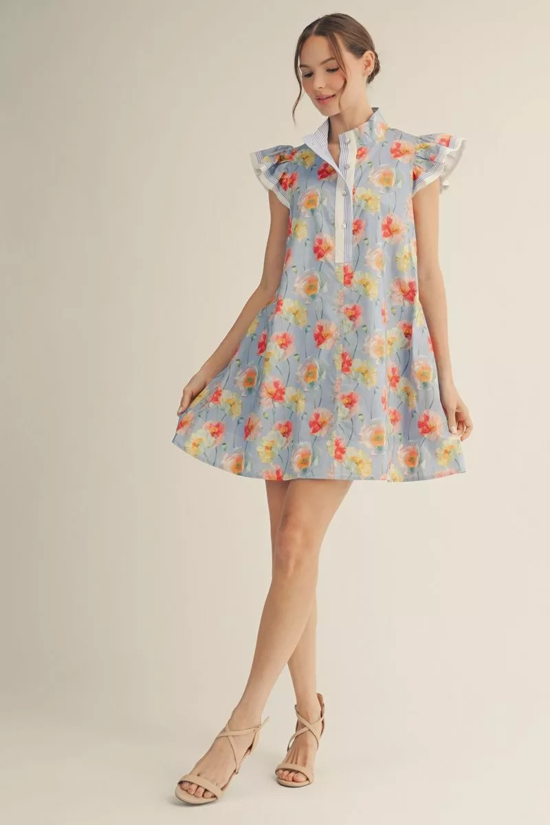 Blue Cap Sleeve Floral Dress