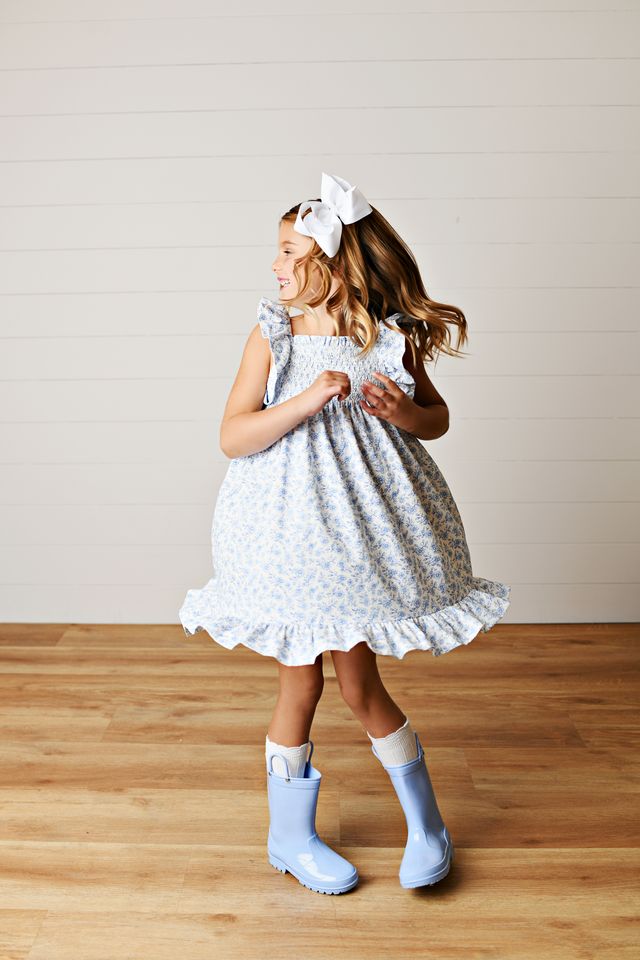 Blue Floral Smocked Dress
