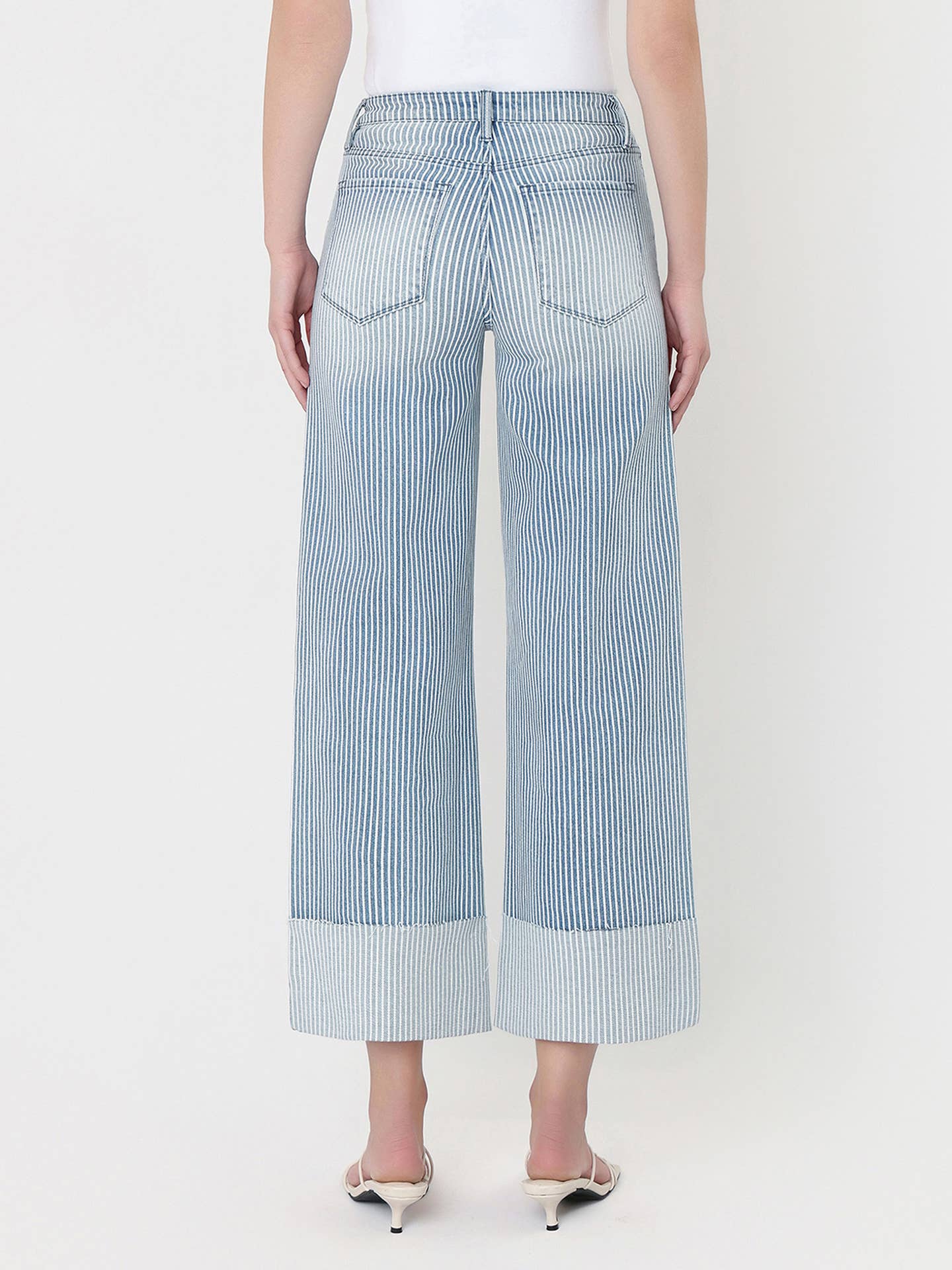 High Rise Blue Stripe Cuffed Crop Wide Jeans