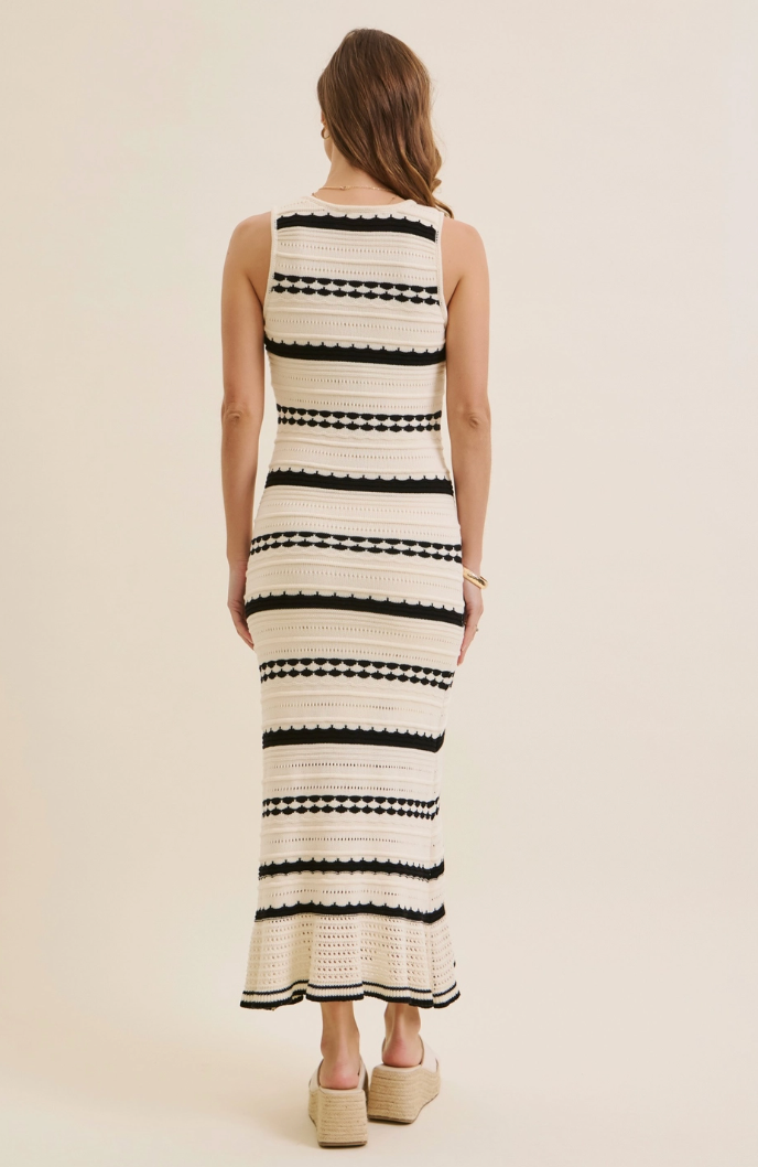 Black Crochet Stripe Sweater Midi Dress