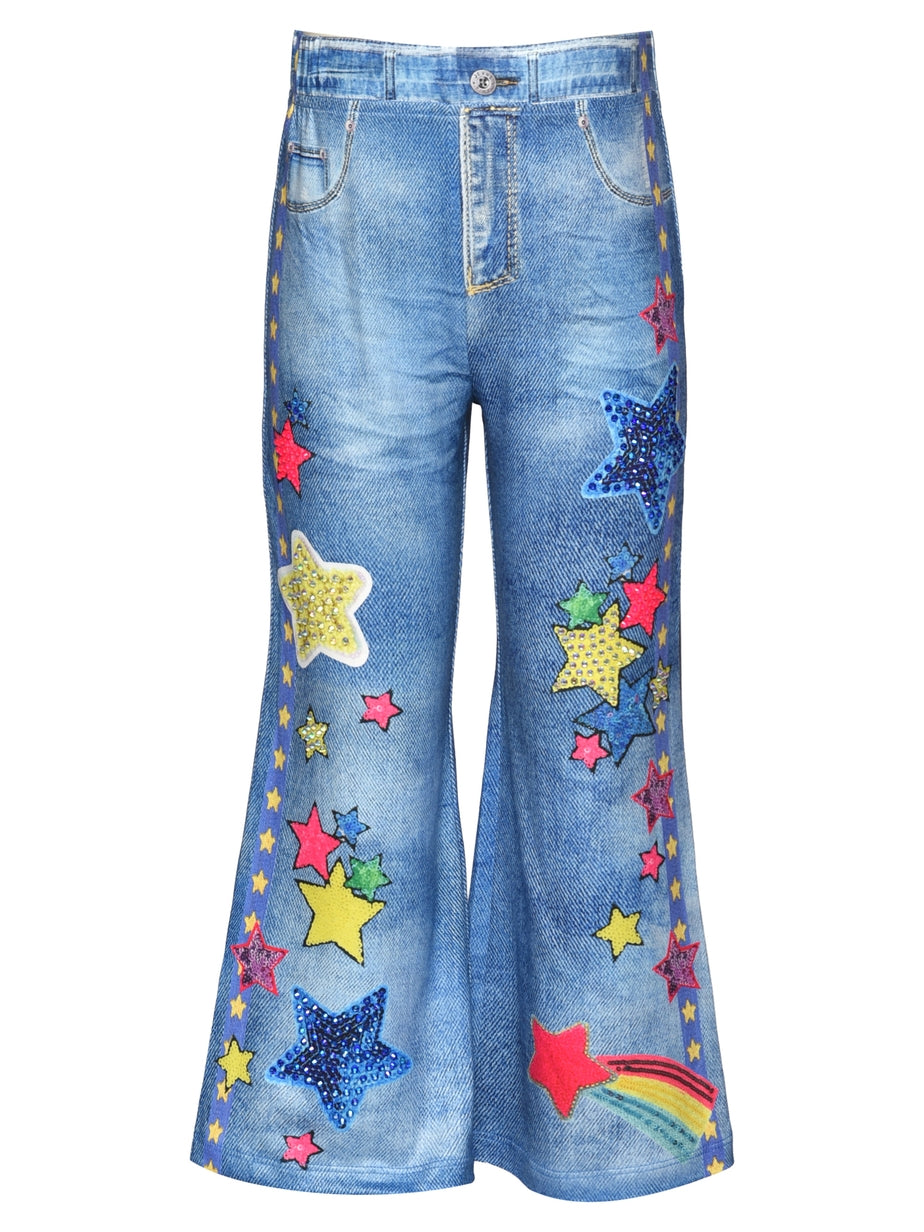 Rhinestone Flared Denim Print Pant