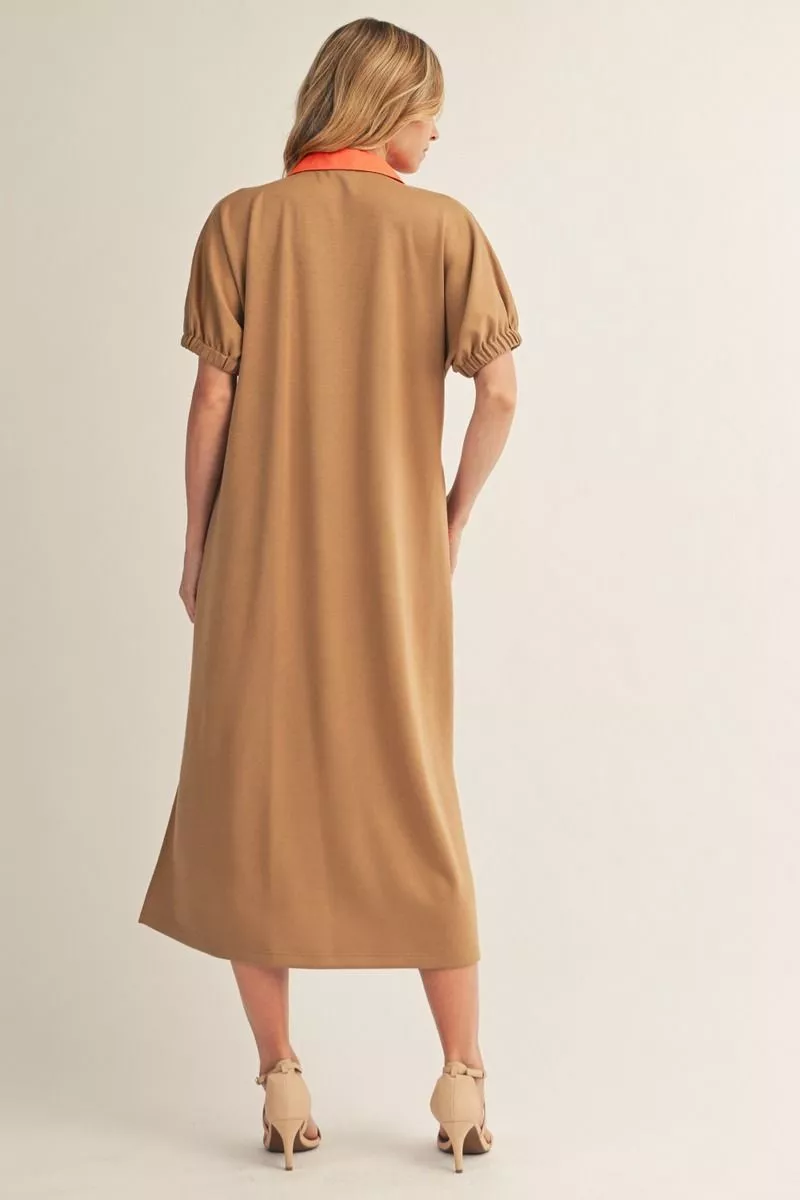 Drop Shoulder Taupe Midi Dress