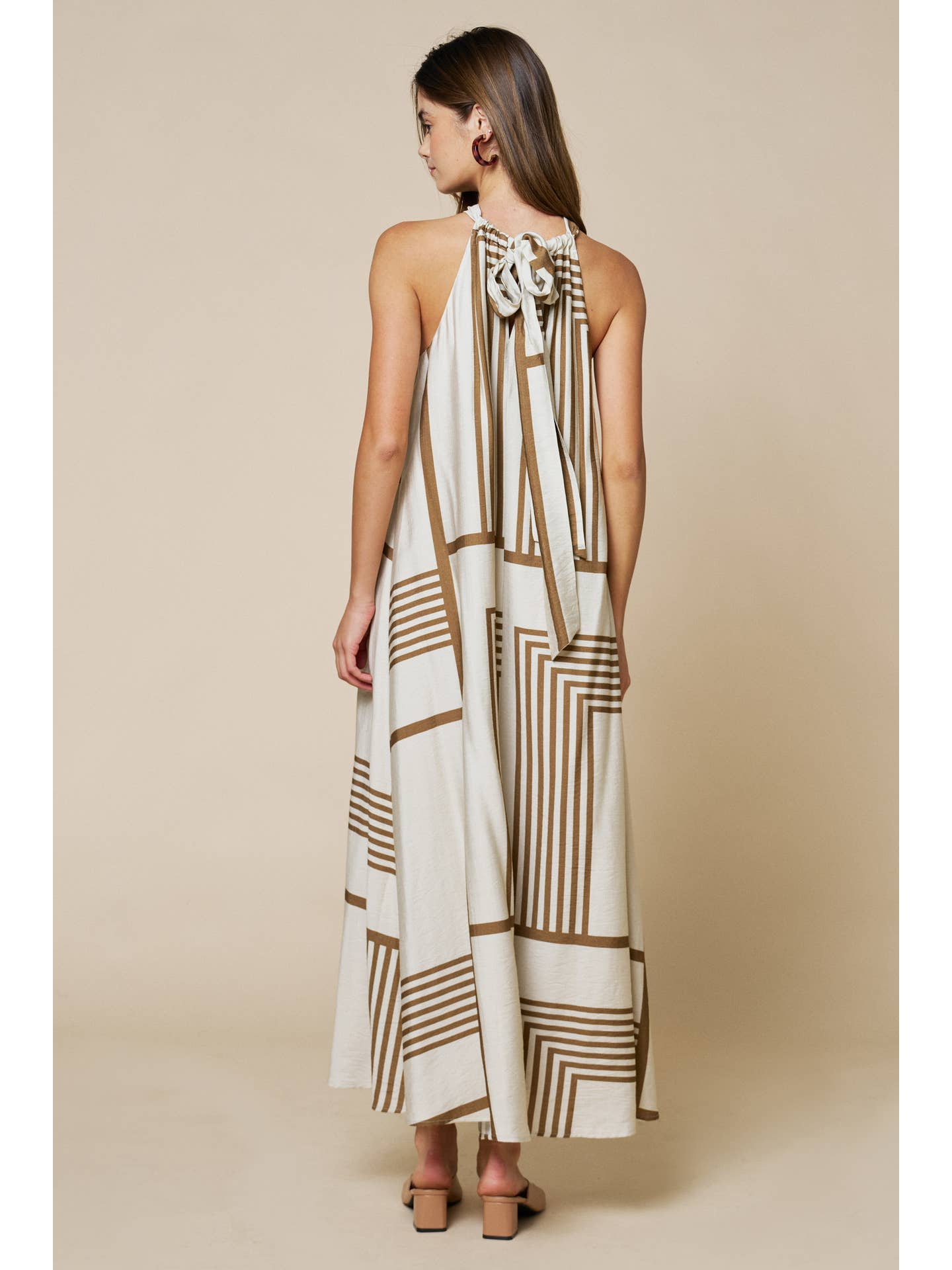 Taupe Geo Print Halter Maxi Dress