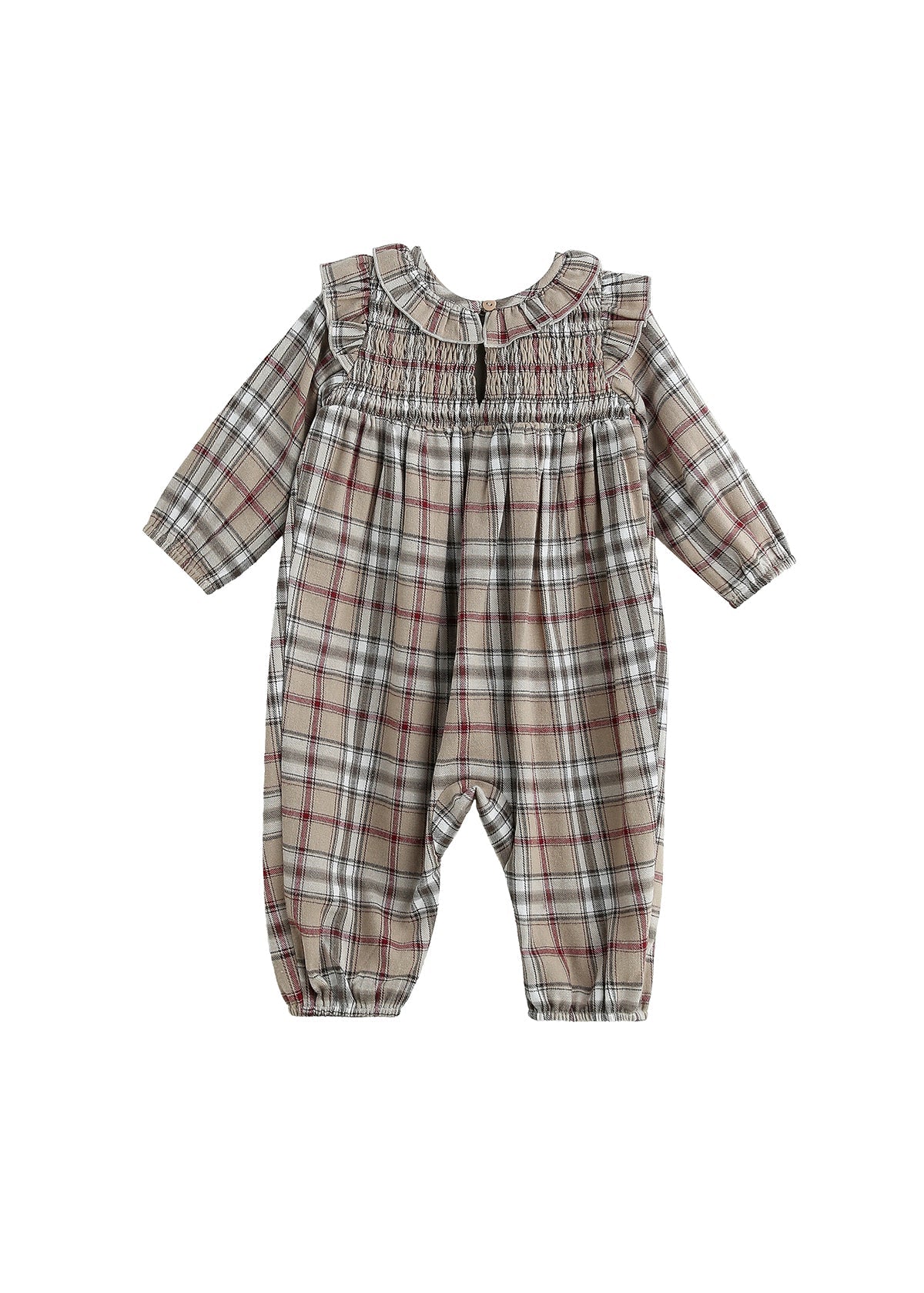 Chestnut Plaid Ruffle Smocked Romper