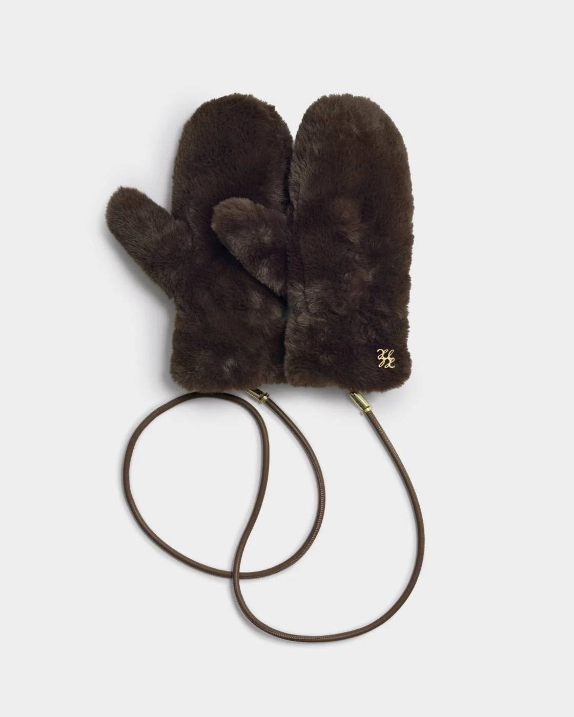 Faux Suede Mittens With Cord - Chocolate