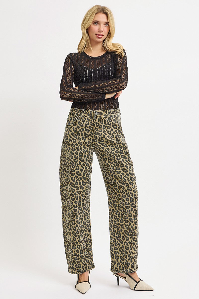 Mid Rise Fit Leopard Barrel Pants