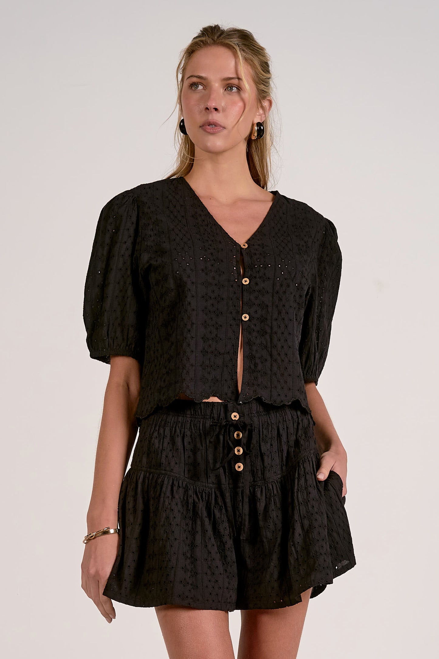 Black Eyelet Button Short