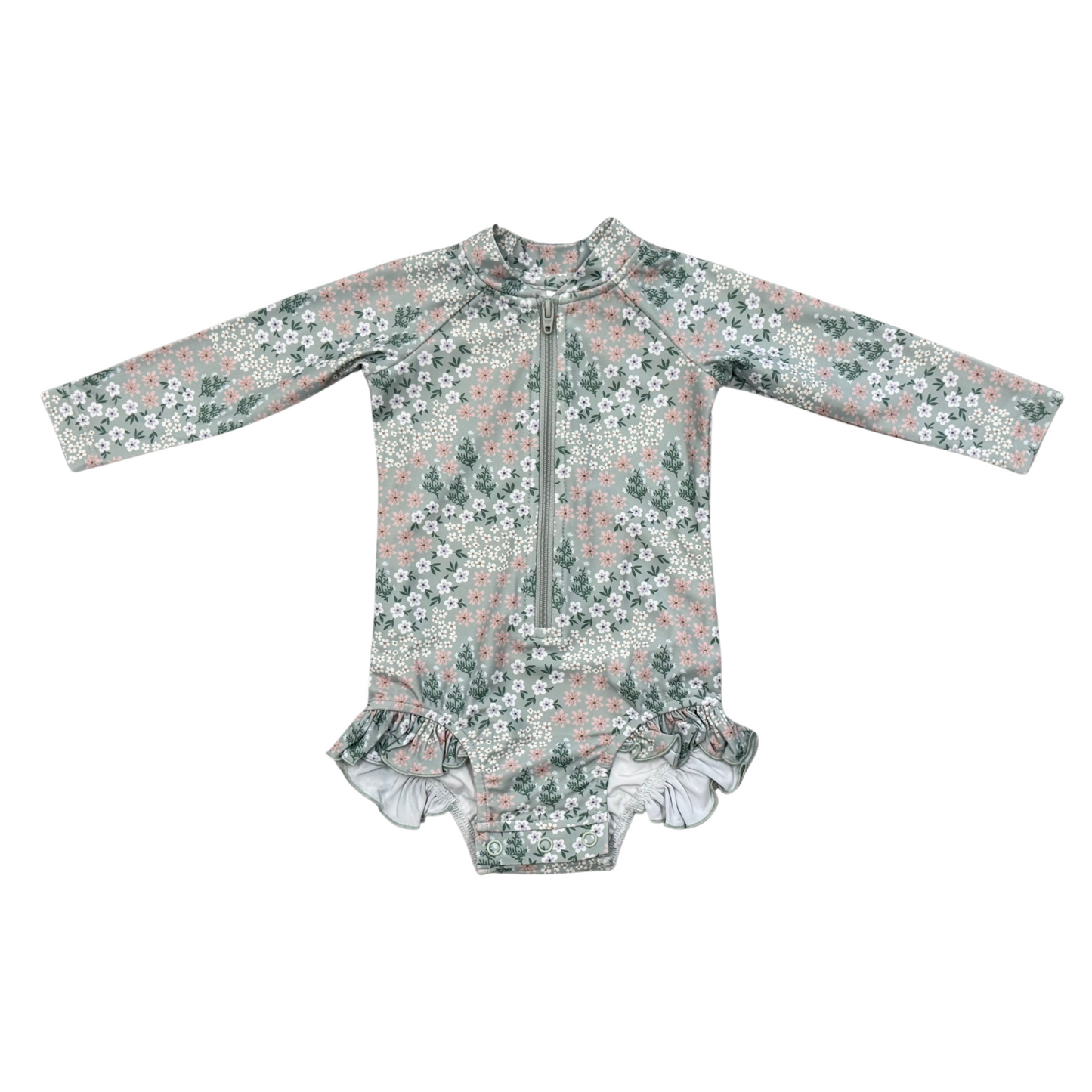 Aqua Grey Floral Ruffle Swimsuit