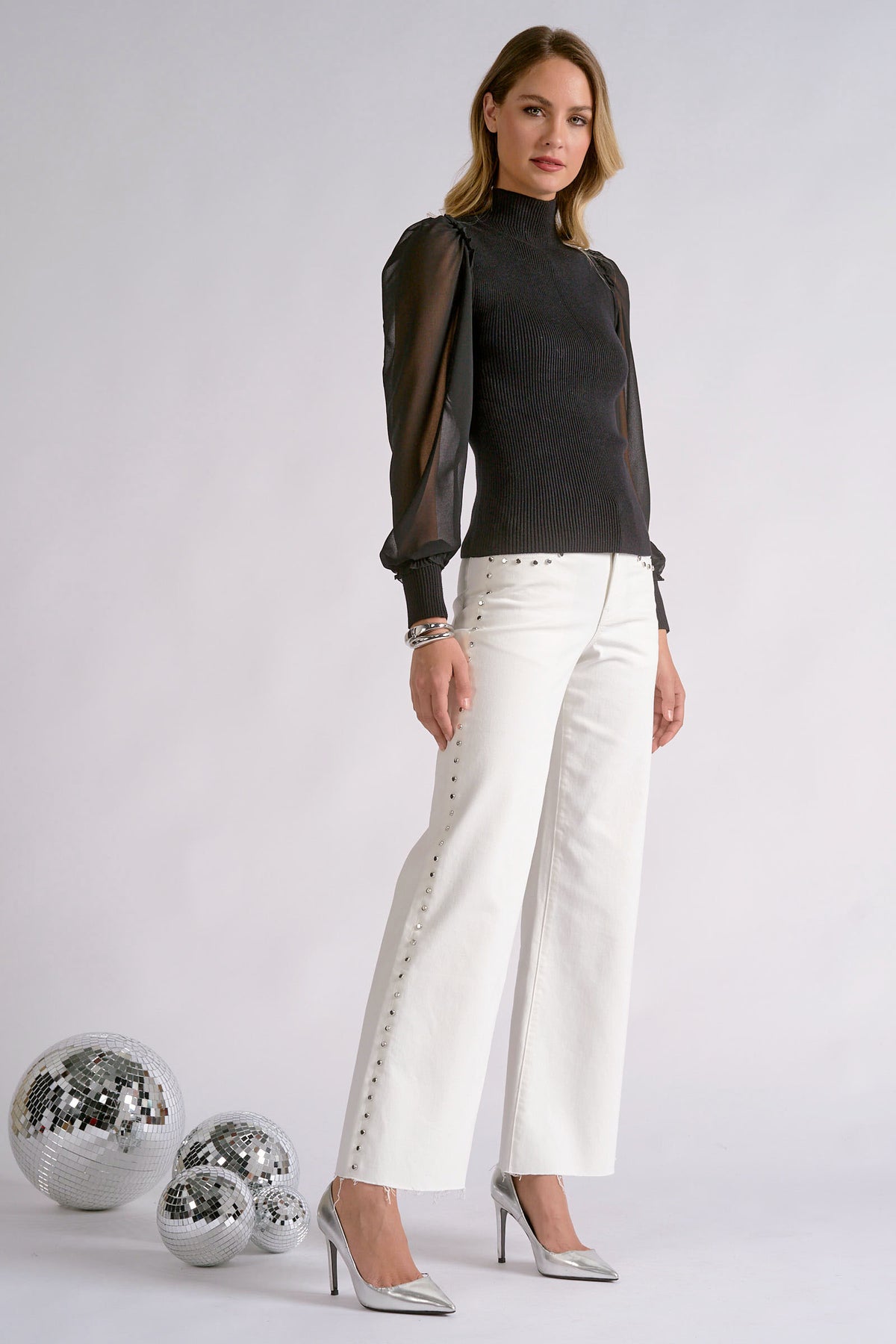 Mock Neck Sheer Sleeve Top