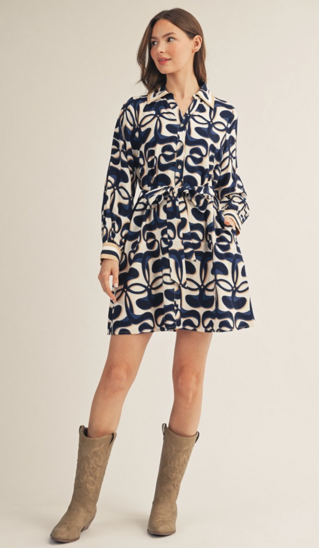 Button Down Waist Tie Geo Print Dress