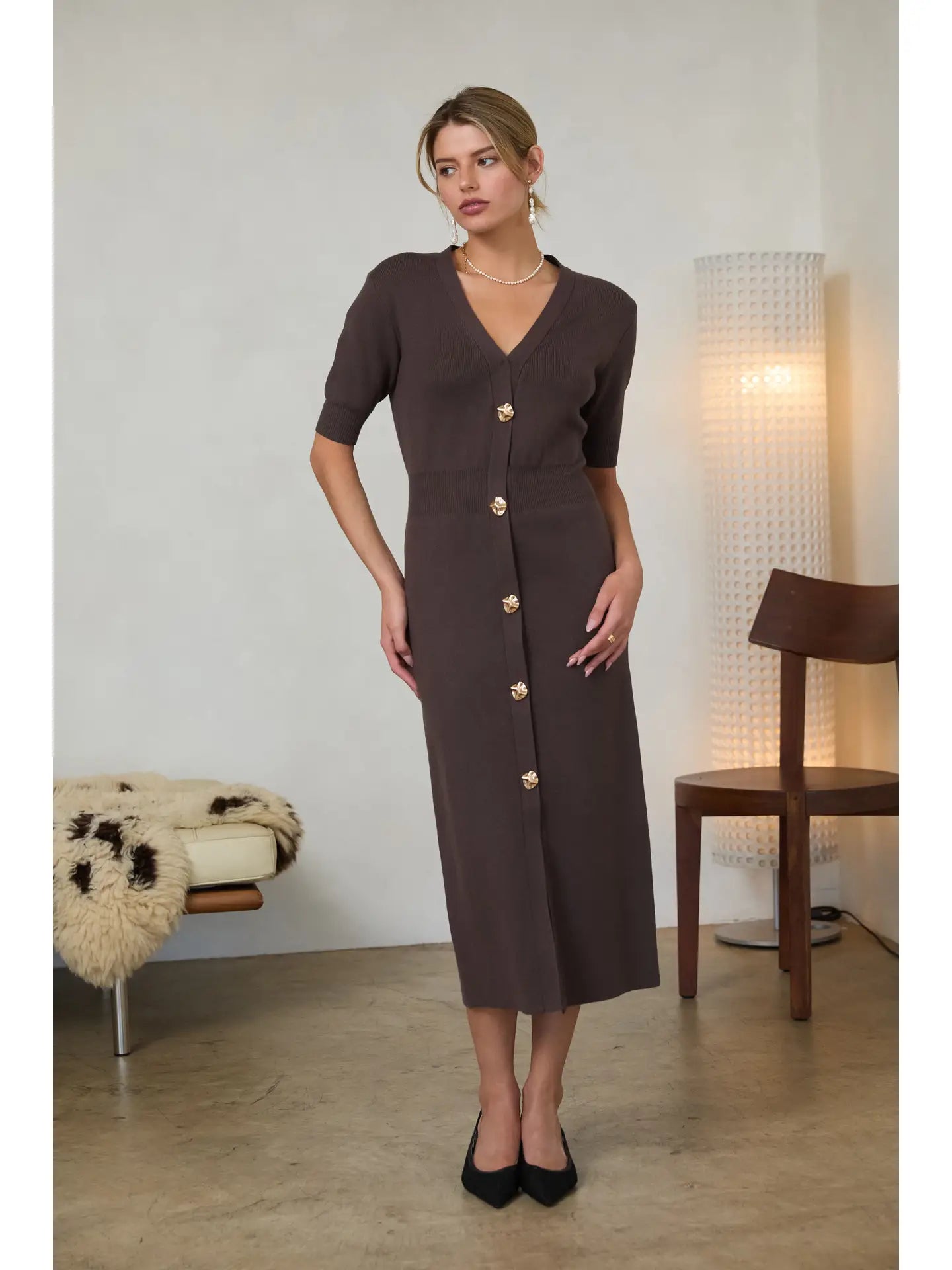 Ribbed Short Sleeve Midi Dress - Chocolate