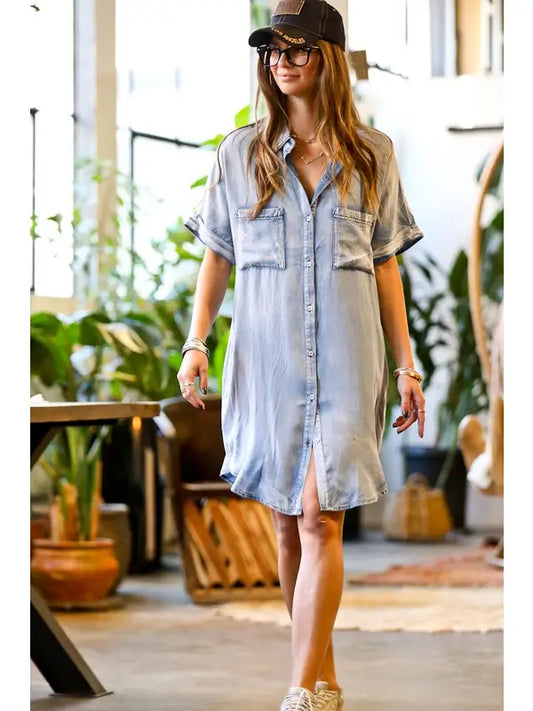 Short Sleeve Front Button Down Denim Shirt