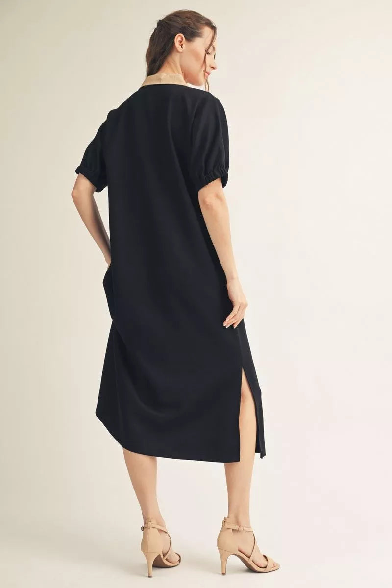 Drop Shoulder Black Midi Dress