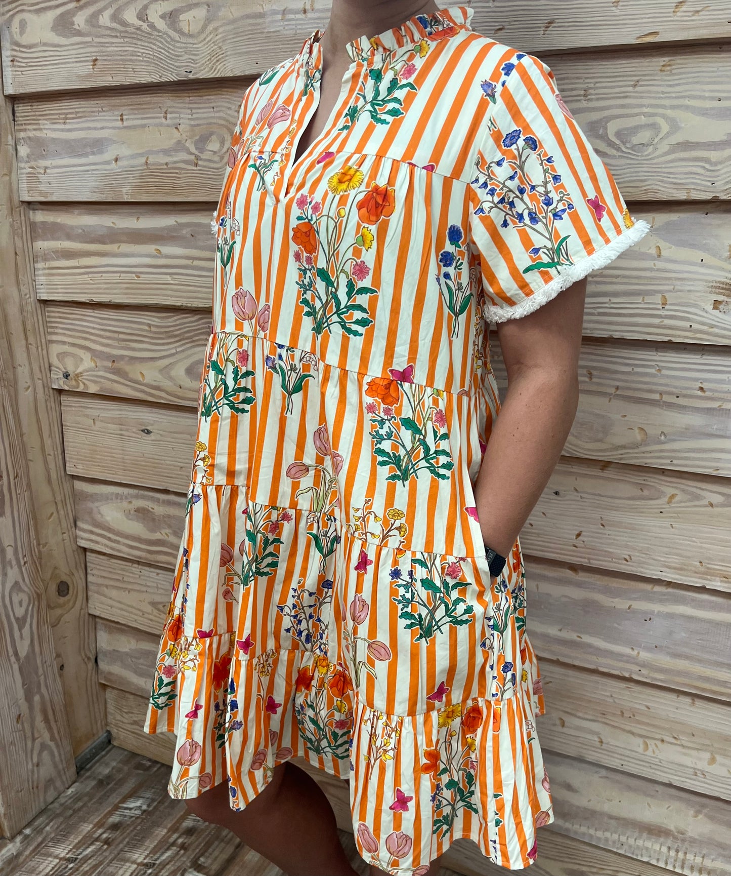 Orange Floral Print Striped Dress