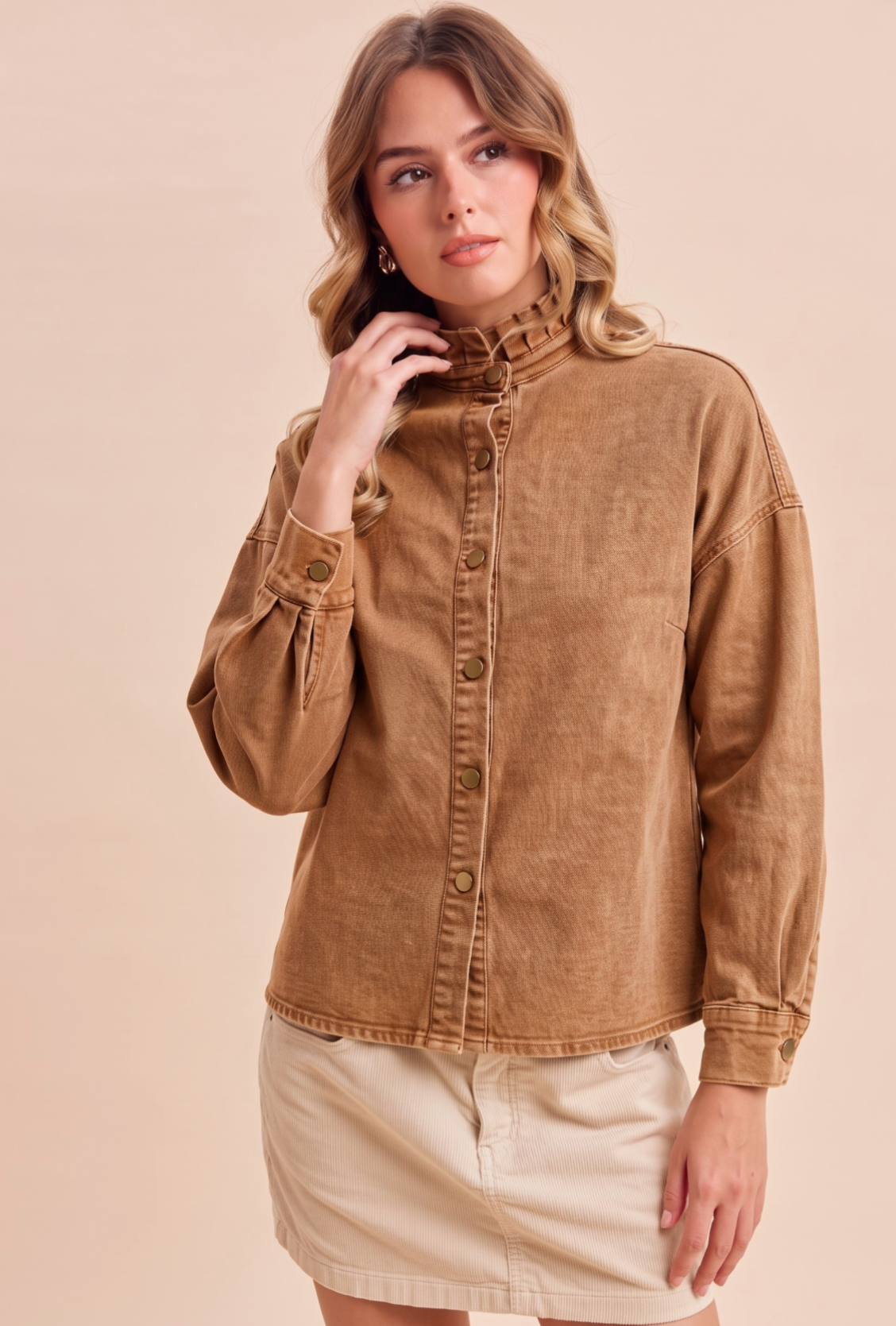 Ruffle Neck Twill Shacket