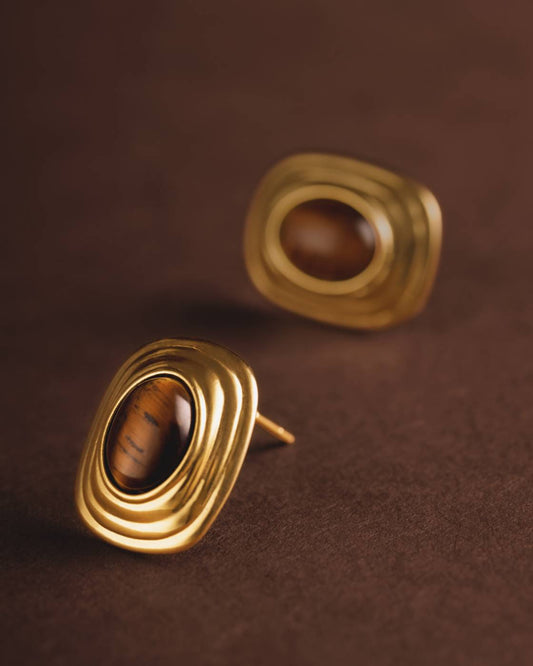 Tigers Eye Waterproof Gold Button Stud Earrings