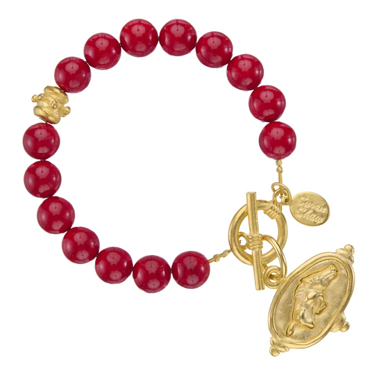 Wild Boar Intaglio Bracelet On Red Coral