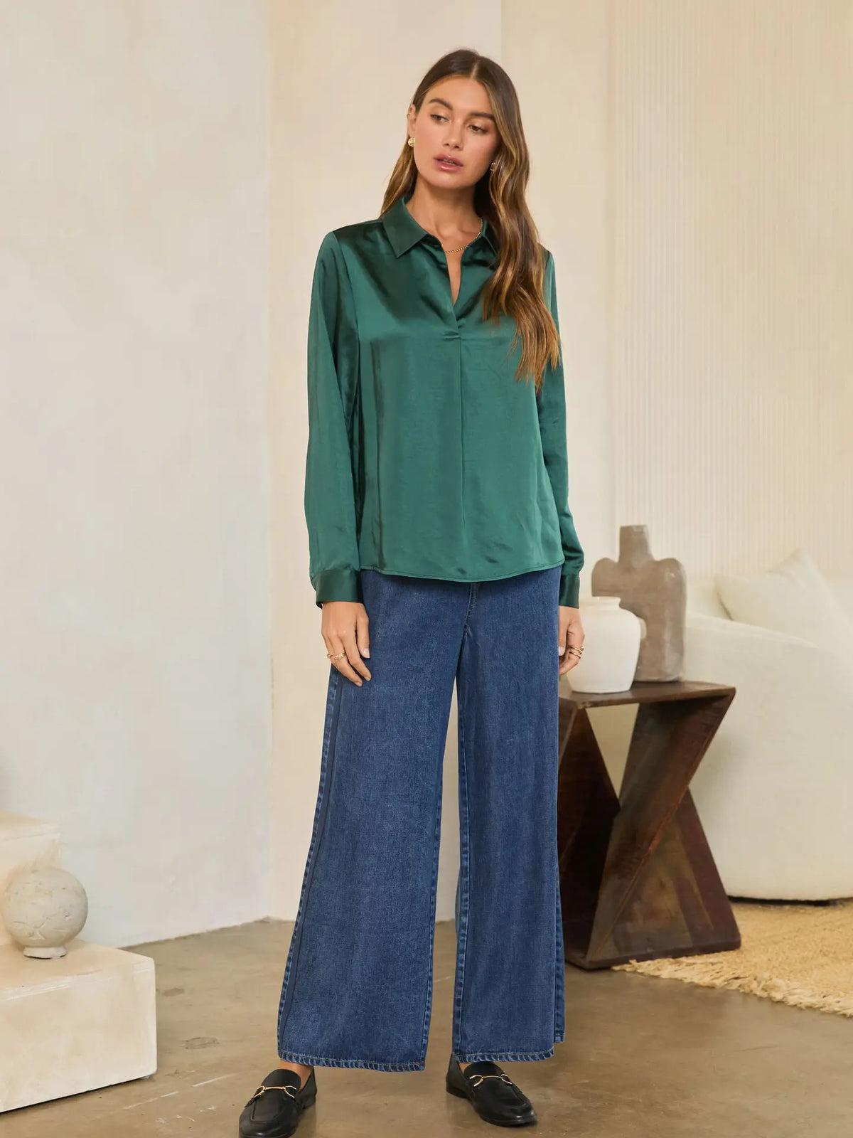 Satin V Neck Button Down - Hunter Green