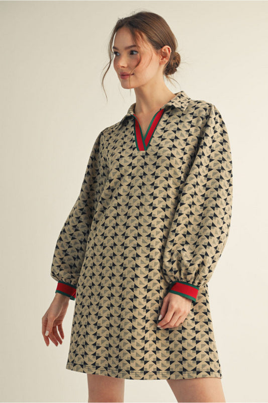 Taupe Geometric Print Dress