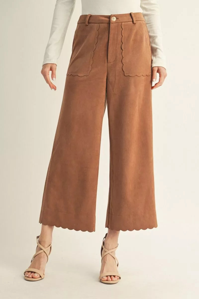 Suede Scallop Detail Pant - Camel