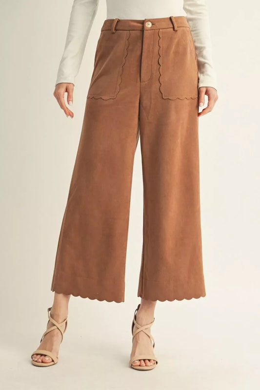 Suede Scallop Detail Pant - Camel