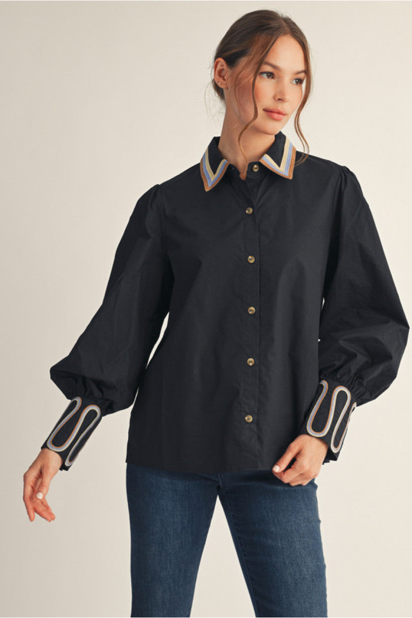 Embroider Detail Long Sleeve Button Down