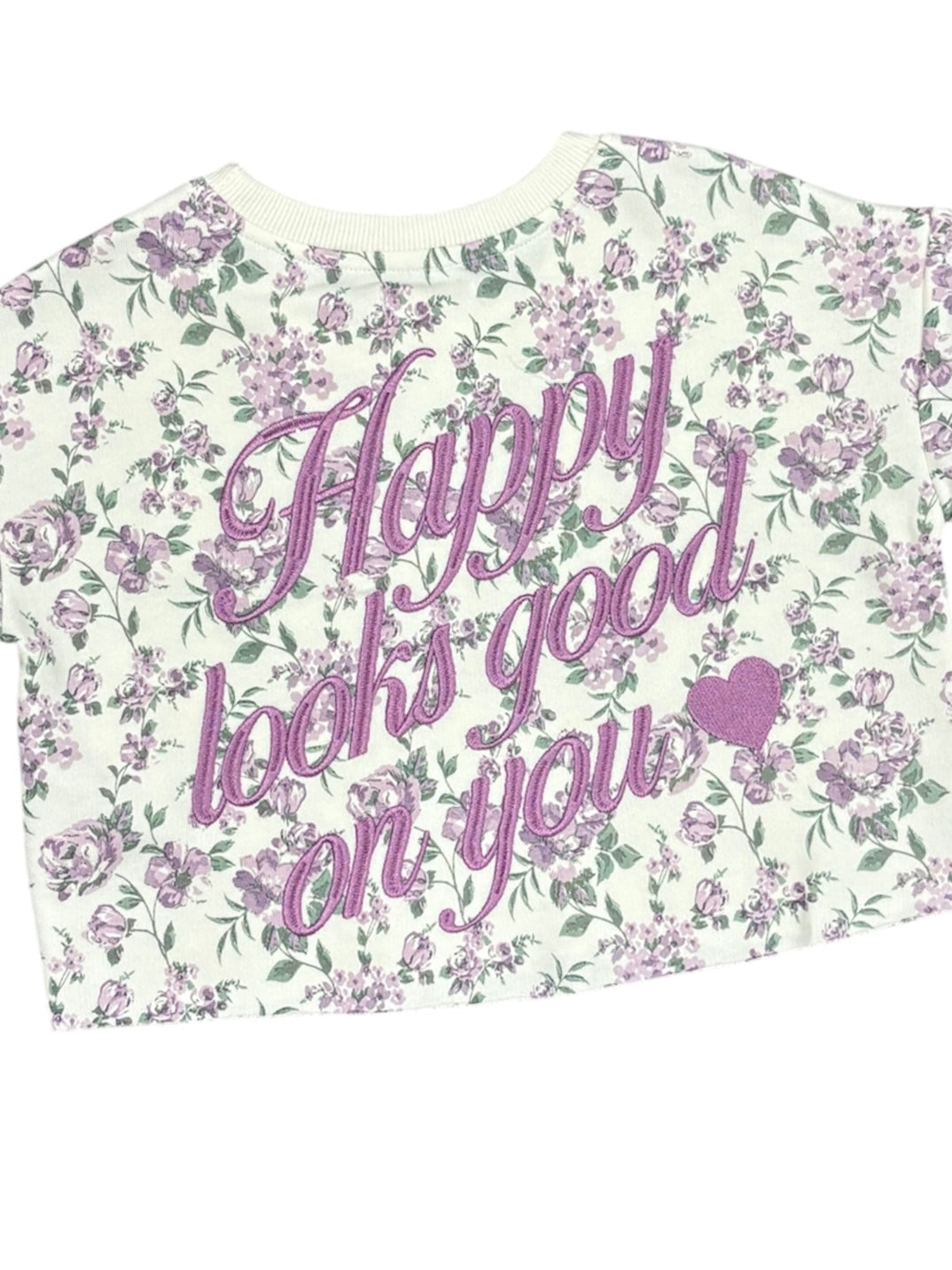 Purple Floral Print Top With Embroidered Heart