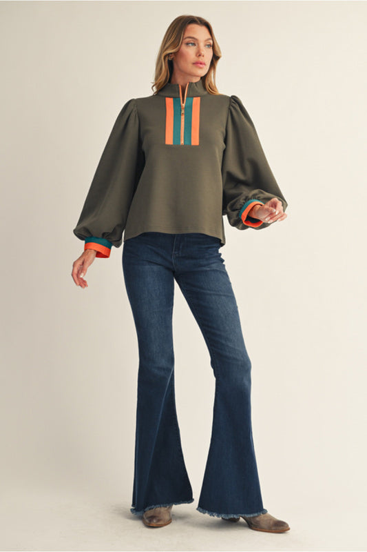 Puff Sleeve Top With Orange Detail