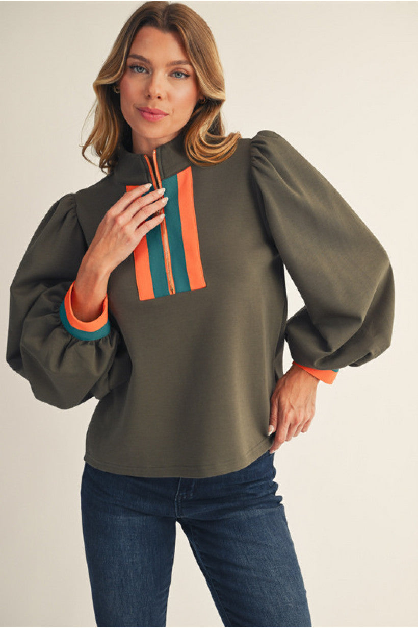 Puff Sleeve Top With Orange Detail