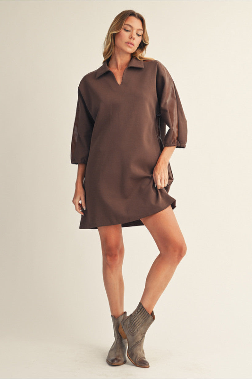 Leather Stripe V Neck Dress - Chocolate