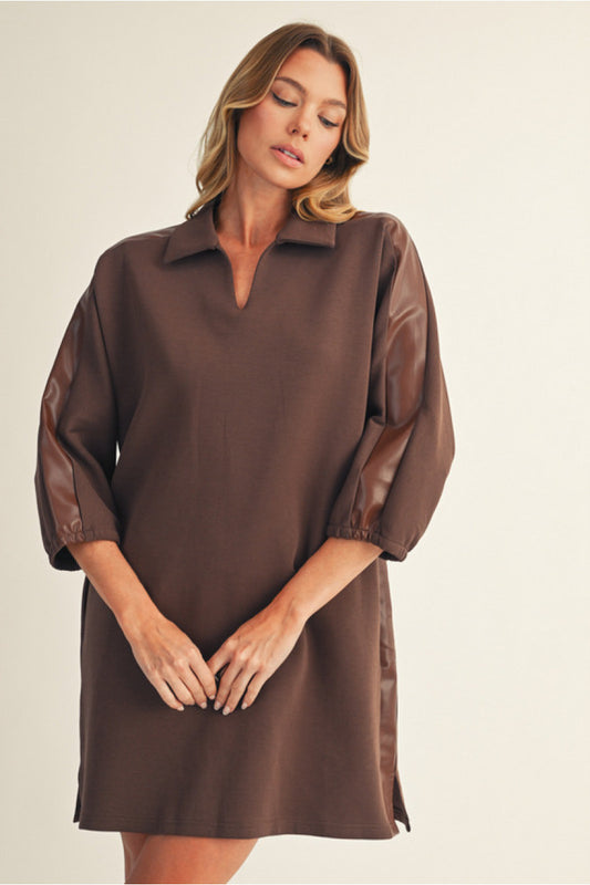 Leather Stripe V Neck Dress - Chocolate