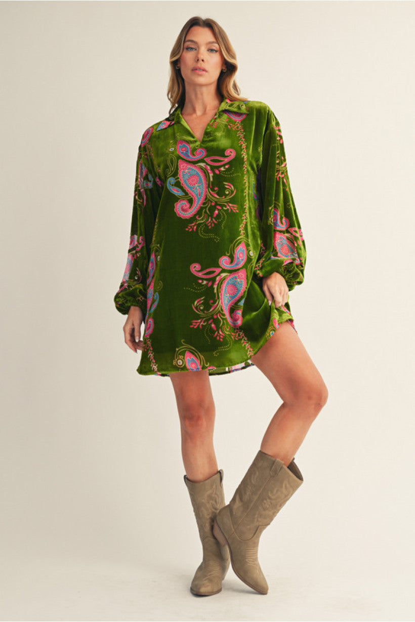 Moss Paisley Velvet Dress