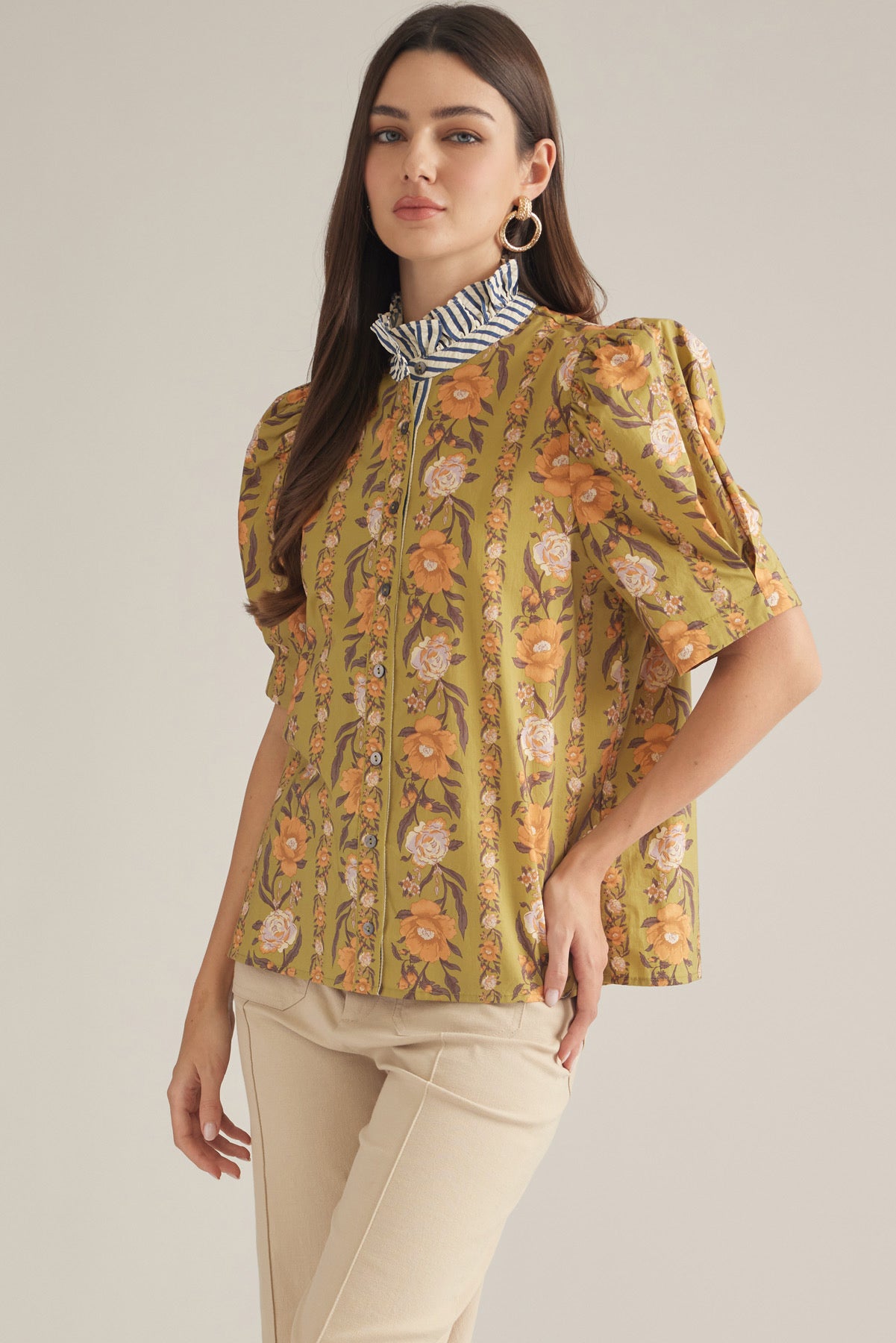 Olive Puff Sleeve Floral Top