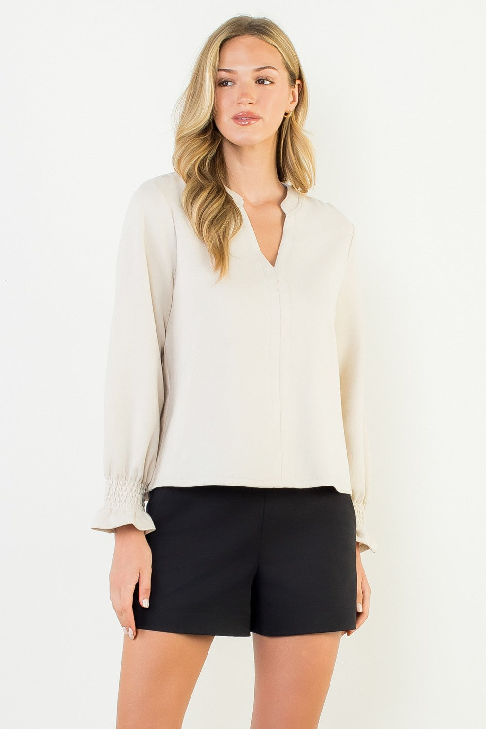 Classic V Neck Suede Top In Cream
