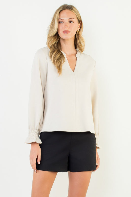 Classic V Neck Suede Top In Cream