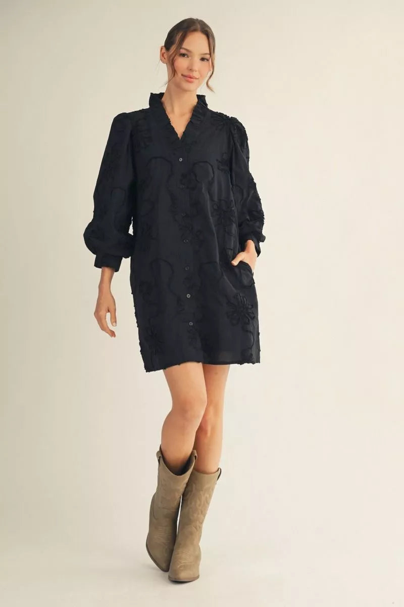 3/4 Sleeve Floral Dress - Black