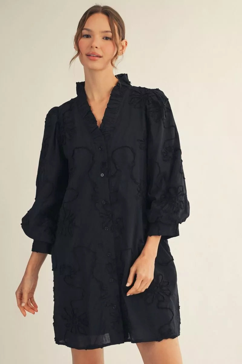 3/4 Sleeve Floral Dress - Black