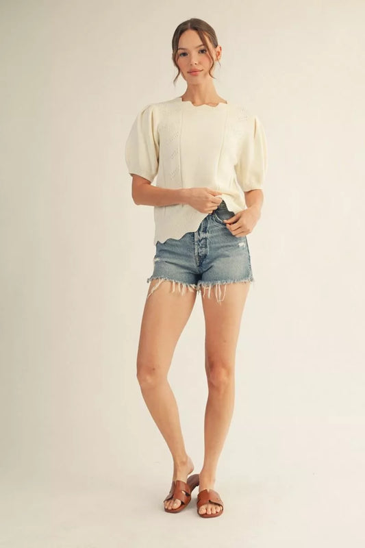 Puff Sleeve Scallop Knit Top
