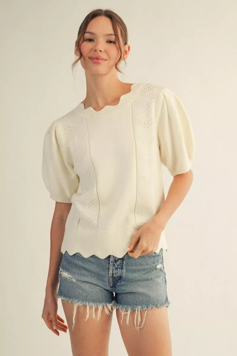 Puff Sleeve Scallop Knit Top