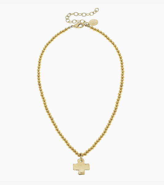 Gold Cross On Gold Beaded Necklace